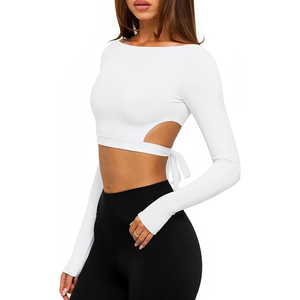 Women Off-The-Shoulder <b>Long</b> <b>Sleeve</b> Yoga <b>Top</b> Solid Color Cut-Out Seamless Activewear <b>White</b> - Product Image 6