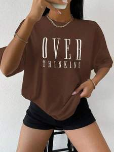 T-shirt oversize marron pour femme, col rond, épaules tombantes, manches courtes, imprimé lettres, coupe ample, 100 % coton jersey, été - Product Image 1