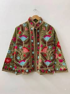 <b>Velvet</b> <b>Jacket</b> With Pink Hearts <b>Jacket</b> Embroidery Stand Collar Full Sleeve Winter Coat Gift for Her - Product Image 1