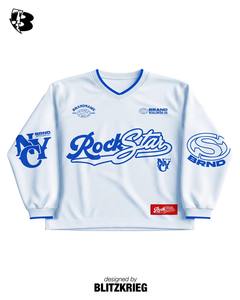 Ensemble de survêtement Rock Star blanc et bleu |   Maillot et short surdimensionnés à manches longues |   Ensemble de graphismes personnalisés OEM pour le marché mondial, marque privée - Product Image 2