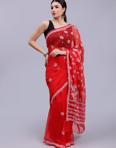 KV Hand Embroidered Lucknowi Chikankari <b>Red</b> Georgette Saree With Unstitched <b>Blouse</b> - Product Image 1