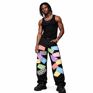 Nouveau design 2026 – Jean en denim délavé noir multi-couleurs avec patchs, coupe ample et déchirée pour homme - Product Image 1