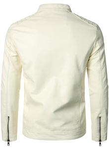 Chaqueta de Motociclista para Hombre con Bloques de Color, Cierre Completo, Resistente al Viento, Chaqueta de Cuero PU Blanca para Hombre, Cierre Completo, Cuello Alto, Estilo Motociclista - Product Image 2