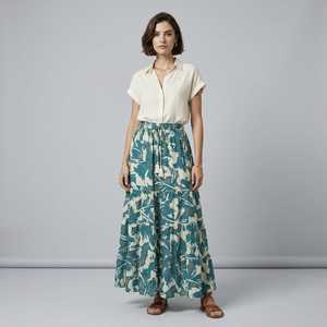Women's Boho Woven Silk Digital Printed Tiered A-Line Maxi Skirt <b>Elastic</b> Waist Casual Summer Cotton Blend In-Stock Rajasthan - Product Image 2