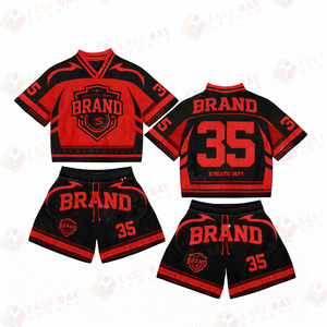 Personalized V-neck <b>T</b>-Shirt Shorts Set Men Summer Custom Mesh Boxy Cropped Retro Football Jersey 2-Piece Outfit Side Pockets - Product Image 3