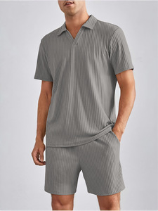 Conjunto de Camiseta Polo de Punto Acanalado Negra y Pantalones Cortos para Hombre, Ropa Casual de Verano - Product Image 5
