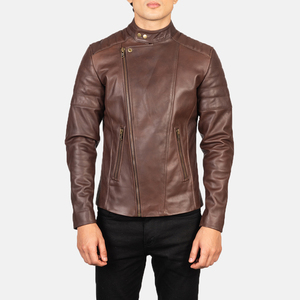 Men's Brown <b>Leather</b> Biker <b>Jacket</b> Stand Collar Zipper Closure Slim Fit Motorcycle Style Autumn Wear - Product Image 1