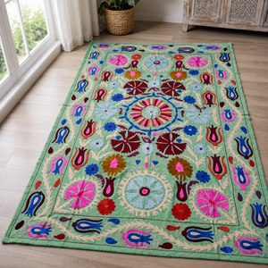 Couvre-lit en coton brodé Suzani fait main de luxe, motif floral multicolore turquoise, style bohème, décoration ethnique indienne pour la maison, vente en gros - Product Image 3