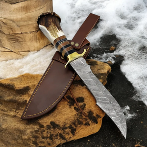Cuchillo de Caza de Hoja Fija de Acero de Damasco Personalizado con Mango de Asta Natural, Guarda Decorativa y Espiga Completa para Supervivencia al Aire Libre y Camping - Product Image 6