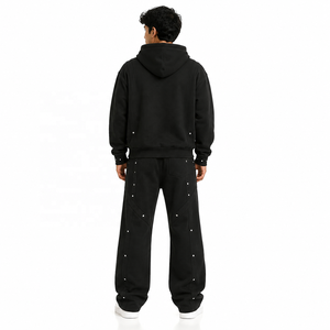 Wholesale Rhinestone Custom Studded Hoodies And Sweatpants Set Front Zip Pocket Streetwear Sweatshirts Two Piece <b>Tracksuit</b> OEM - Product Image 3