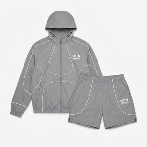 Custom Logo Grey Two-Piece Sportswear Set, <b>Men's</b> Lightweight Hooded Windbreaker <b>Jacket</b> and Shorts, <b>Summer</b> Athleisure Tracksuit - Product Image 1