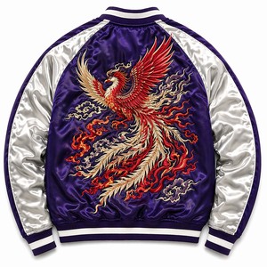 Chaqueta Bomber Sukajan de Diseño Inspirado en Diseñadores, con Parches y Bordado de Fénix, en Satén Dravelle Morado Real, Venta al por Mayor para la Industria - Product Image 2
