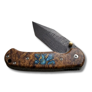 Couteau pliant artisanal de qualité industrielle en acier Damas, manche en résine bleue, ouverture coulissante, garantie 3 ans, couteau de poche EDC personnalisé Tarj - Product Image 1