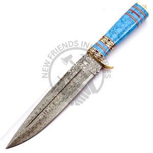 Nouvelle édition de couteau de chasse en acier Damas personnalisable, manche en laiton avec pierre turquoise bleue, lame fixe, couteau de camping, couteau de survie - Product Image 1