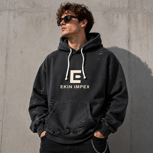 เสื้อฮู้ดดี้โอเวอร์ไซส์สไตล์วินเทจสำหรับผู้ชาย ผ้าหนา ซักแบบวินเทจ สตรีทแวร์ ทรงหลวมไหล่ตก รับผลิตแบบ OEM แบรนด์ส่วนตัว - Product Image 3