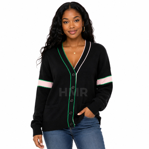 HMR Sisterhood Sorority Acrylic <b>Plus</b> <b>Size</b> Knit <b>Cardigan</b> Sweater Jacquard Printed Silk Embroidered <b>Black</b> <b>Cardigan</b> - Product Image 1