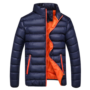 Blouson matelassé bleu marine pour homme, doublure en coton, col montant, fermeture éclair, coupe-vent, vêtement d'extérieur décontracté pour l'hiver, logo non tissé sur le devant - Product Image 1