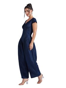 Mono vaquero azul marino liso para mujer, estilo dhoti, sin mangas, con cuello redondo, lavado, con pliegues, hasta la rodilla, ideal para verano. - Product Image 1