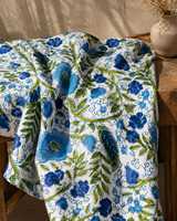 Tissu Popeline Florale 100% Coton 53/54" de Largeur Blanc Bleu Vert Imprimé à la Main Tissé Poids Moyen Textile de Maison VEER