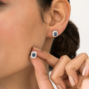 Hot Sale Fine Women's Prong Set <b>Blue</b> Sapphire & Diamond 14K Real White Gold Halo <b>Stud</b> <b>Earrings</b> Daily Wear Jewelry Supplier - Product Image 2