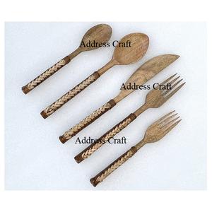 Fourchette en bois d'acacia écologique couteau à cuillère pour cuisine ustensiles écologiques ensemble de couverts couverts en bois avec manche en rotin - Product Image 2