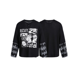 Men's Black <b>Long</b> Sleeve Knitted T-<b>Shirt</b> Graphic Print Contrast Tie-Dye Cuff Street Style Crew Neck <b>Tee</b> - Product Image 1