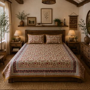 Premium Jaipur Hand Block Printed Floral <b>King</b> <b>Size</b> Bed <b>Sheet</b> Set 3 PC 100% Cotton Classic 200TC Eco-Friendly Durable Breathable - Product Image 5