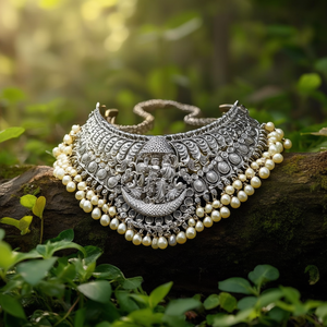Antique Gold Pearl Bridal Jewelry Set-Rhodium Plated Fine Jewelry Choker - Product Image 3
