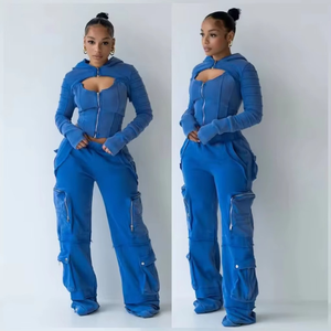 Survêtement décontracté pour femme, veste bleue à fermeture éclair avec pantalon cargo élégant, survêtements personnalisés avec logo pour femme - Product Image 6