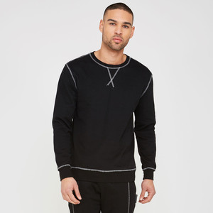 <b>Men</b> Knitted Crew Neck Pullover Solid Color Regular Fit Minimalist Style <b>Black</b> Long Sleeve 100% Cotton Breathable <b>Sweatshirt</b> - Product Image 5