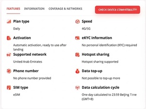 Forfait eSIM Émirats arabes unis : Données illimitées 4G/5G – Internet de voyage 3 jours/5 jours, activation par code QR, livraison instantanée par e-mail - Product Image 2