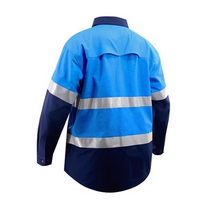 เสื้อเชิ้ตทำงานสะท้อนแสงสีน้ำเงินสำหรับผู้ชาย แขนยาว ผ้าฝ้าย ชุดยูนิฟอร์มนิรภัย พร้อมแถบสีเงิน กระเป๋าเสื้อแบบตรวจจับเข็ม - Product Image 3
