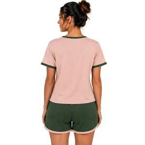 Blush And Forest Green Women Two Piece Shorts Set Round Neck Button <b>Top</b> Minimal Embroidery Casual Summer Cotton Lounge Wear - Product Image 2