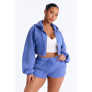Conjunto de Chaqueta Corta con Capucha y Cremallera de Forro Polar Azul para Mujer, Novedad, Casual, Primavera Verano, Ropa de Descanso, Estilo Urbano Sólido - Product Image 1