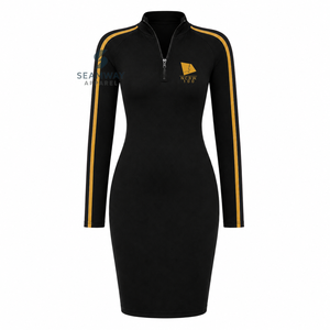 Vestido Casual Bodycon de Mujer NCBW con Rayas en Contraste, Manga con Cierre de Cremallera, Cuello Simulado, Largo hasta la Rodilla, Ajuste Delgado y Bordado - Product Image 1