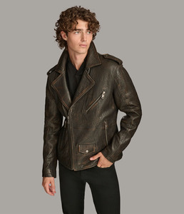 Men's Cow Skin <b>Leather</b> Moto <b>Jacket</b> Slim Fit Turn-down Collar Zipper Closure Solid Color Autumn Wear Modern fit plus size - Product Image 3