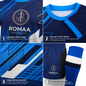 Tenue de football personnalisée Romaa, maillot, short et chaussettes sublimés bleu roi, marine, blanc, noir, uniforme d'équipe OEM - Product Image 6