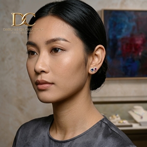 ต่างหูเพชรเพาะเลี้ยงทองคำแท้ 14KT สีเหลือง พร้อมทัวร์มาลีนสีชมพูและไพลินสีน้ำเงินเข้ม เครื่องประดับ IGI คุณภาพสูงสำหรับผู้หญิง - Product Image 4