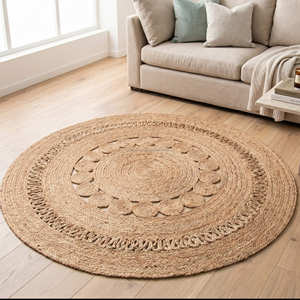 Designer Handmade <b>Round</b> Braided Jute Rug with Colorful Decorative Border for Bohemian Home Décor - Product Image 3