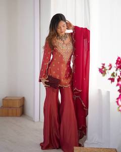 Conjunto de Palazzo de Seda Simar Bordado para Mujer con Dupatta, Kurta Brillante, Salwar Kameez, Traje Festivo Indio Pakistaní - Product Image 1