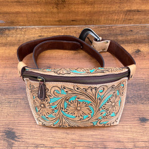 Nuevas riñoneras de cuero mecanizadas a mano para mujer, riñonera Vintage de cuero genuino, riñoneras de cuero con patrón Floral turquesa occidental - Product Image 4