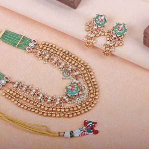 Rutisha Antique Designer Long Necklace & Earring Set with Zircon Ruby & Gold Plate - Product Image 4
