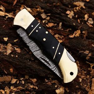 Cuchillo de acero de Damasco con mango con incrustaciones de oro, hoja recta de 0.6 mm de grosor, para caza, plegable, de bolsillo. - Product Image 4