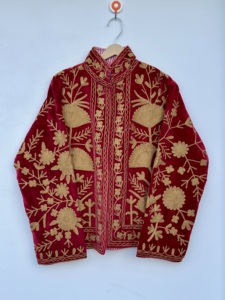 Red <b>Velvet</b> Embroidered Breathable Suzani <b>Jacket</b> <b>Women</b> Gold Floral Boho Handmade Winter Outerwear Christmas Gift Holiday - Product Image 1