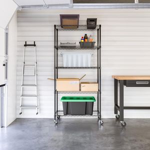 Étagère de rangement réglable en métal à 5 niveaux robuste 90x45x180cm Support utilitaire autoportant en acier enduit de poudre noire pour garage domestique - Product Image 2