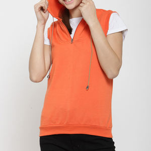 Sudadera con Capucha sin Mangas para Mujer, de Algodón, Color Sólido, Informal, Transpirable, Tejida, para Otoño, Naranja - Product Image 1