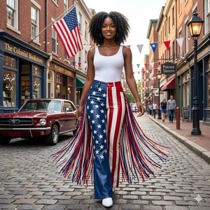 Pantalon en cuir à franges drapeau américain, style western USA, Rodeo, 4 juillet, tenue patriotique unisexe pour cowboy - Product Image 3