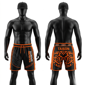 Shorts MMA Premium 220 GSM en polyester et élasthanne, noir et orange, avec empiècements latéraux en mesh, logo personnalisé par sublimation - Product Image 1