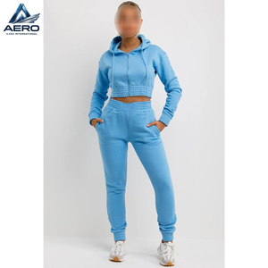 Best Product Ladies Tracksuit, With Zip Front Crop Hooded And Jogger <b>Set</b> Sky Blue Color Gym Wear Women Crop Tracksuit <b>Set</b> - Product Image 5