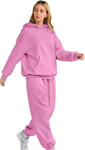 <b>Women</b> Pink Hooded Sweatshirt And <b>Joggers</b> Set Casual Loose Fit Full Length <b>Fleece</b> 2 Piece Tracksuit Solid Color All Seasons - Product Image 3